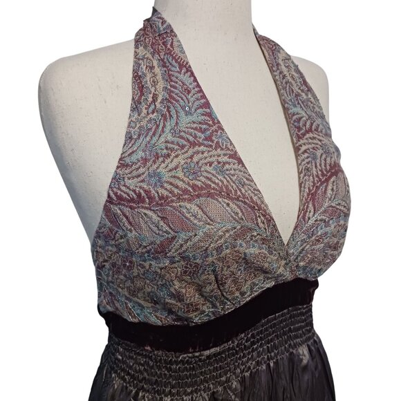 Hale Bob Silk Embellished Halter Crinkle Mini Dress in Gray & Pink Multi, Size M - Picture 4 of 16